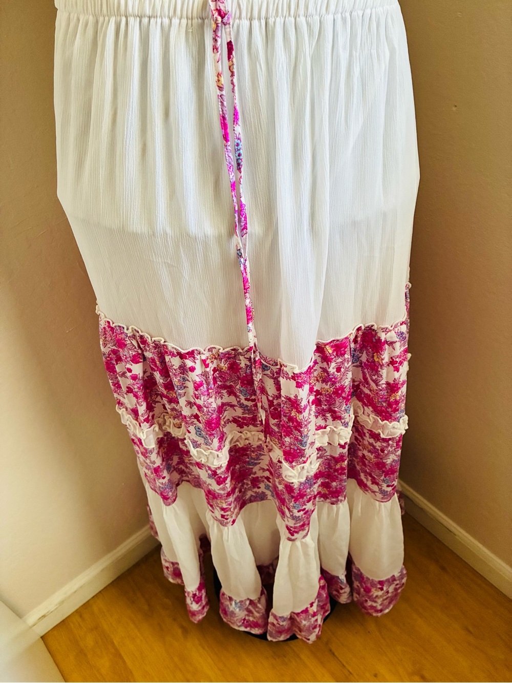 Gypsy White Maxi Skirt with Pink Floral Trim